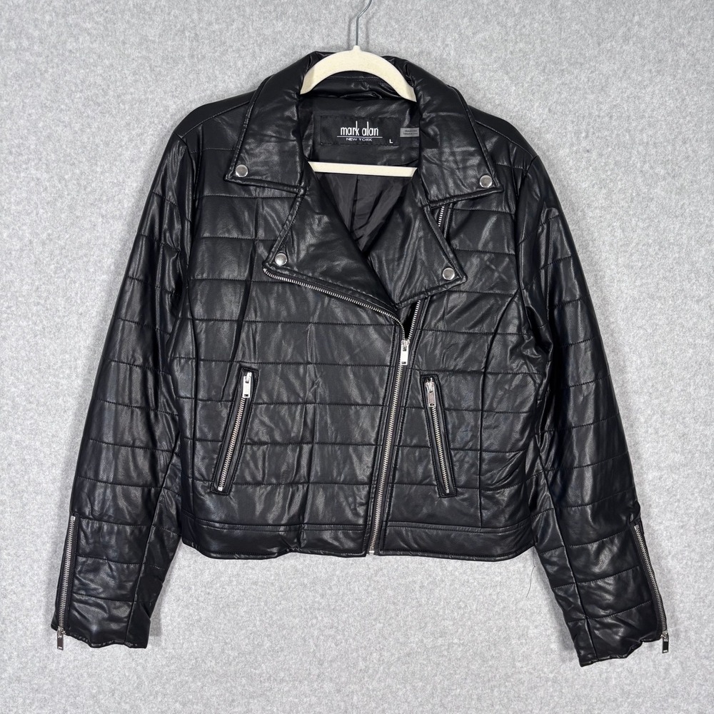Mark Alan Faux Leather Puffer Moto Jacket Large Quilted Rockabilly Rave Sporty‎